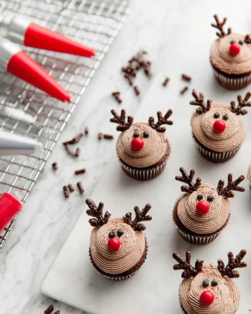 Partially decorated Easy Reindeer Cupcakes with piping bags and chocolate sprinkles on a marble surface.