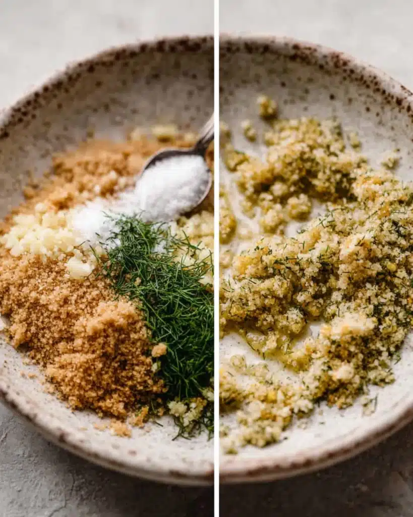 Side-by-side images showing the dry brine ingredients and the fully mixed brown sugar, dill, and garlic brine for smoked salmon.