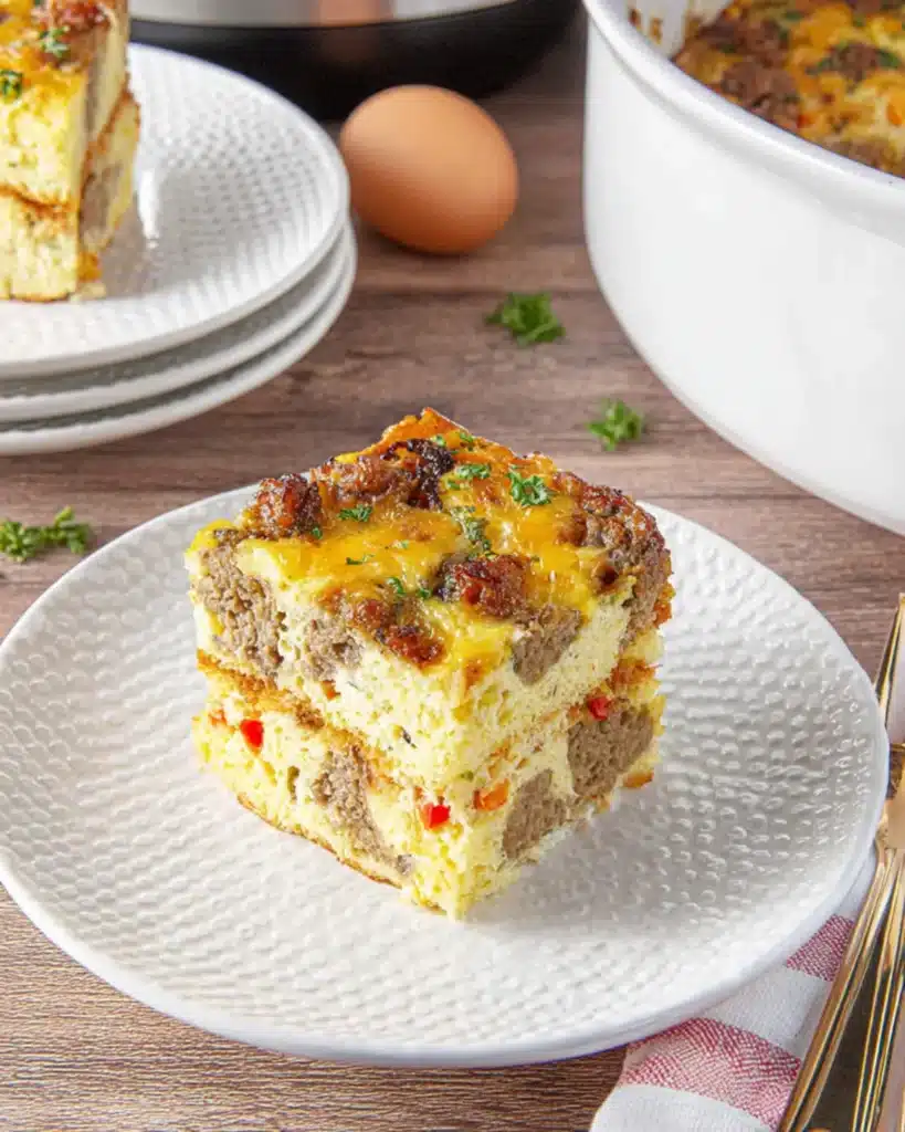A square slice of Easy Crockpot breakfast casserole on a textured white plate, showing layers of eggs, sausage, cheese, and peppers.