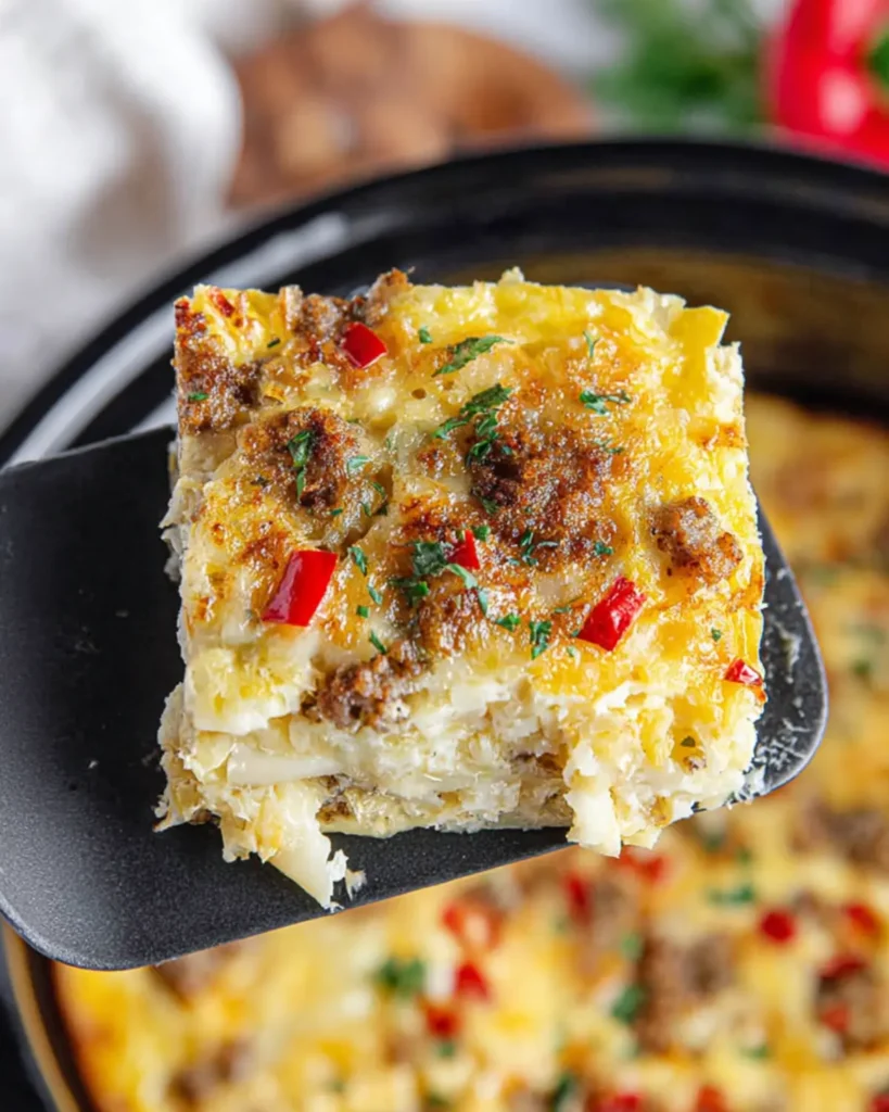 A close-up slice of Easy Crockpot breakfast casserole lifted on a black spatula, showing melted cheese, beef sausage, peppers, and hash browns.