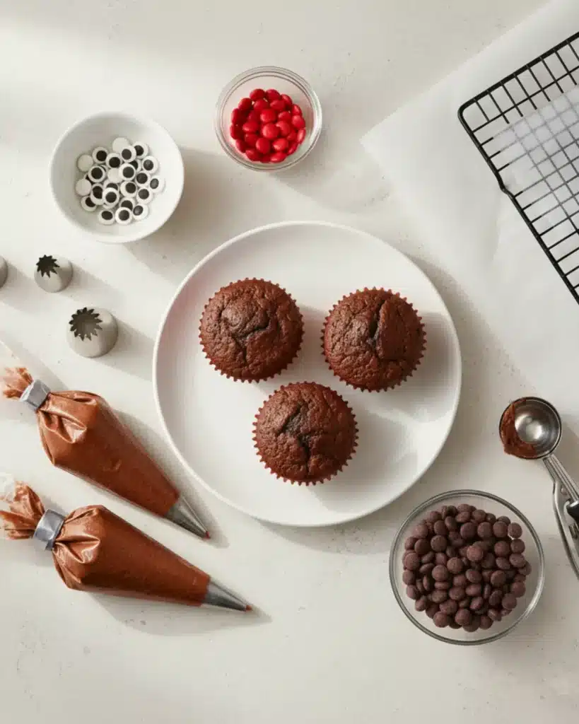 Chocolate cupcakes with frosting bags, candy eyes, and red candies arranged for making Easy Reindeer Cupcakes.