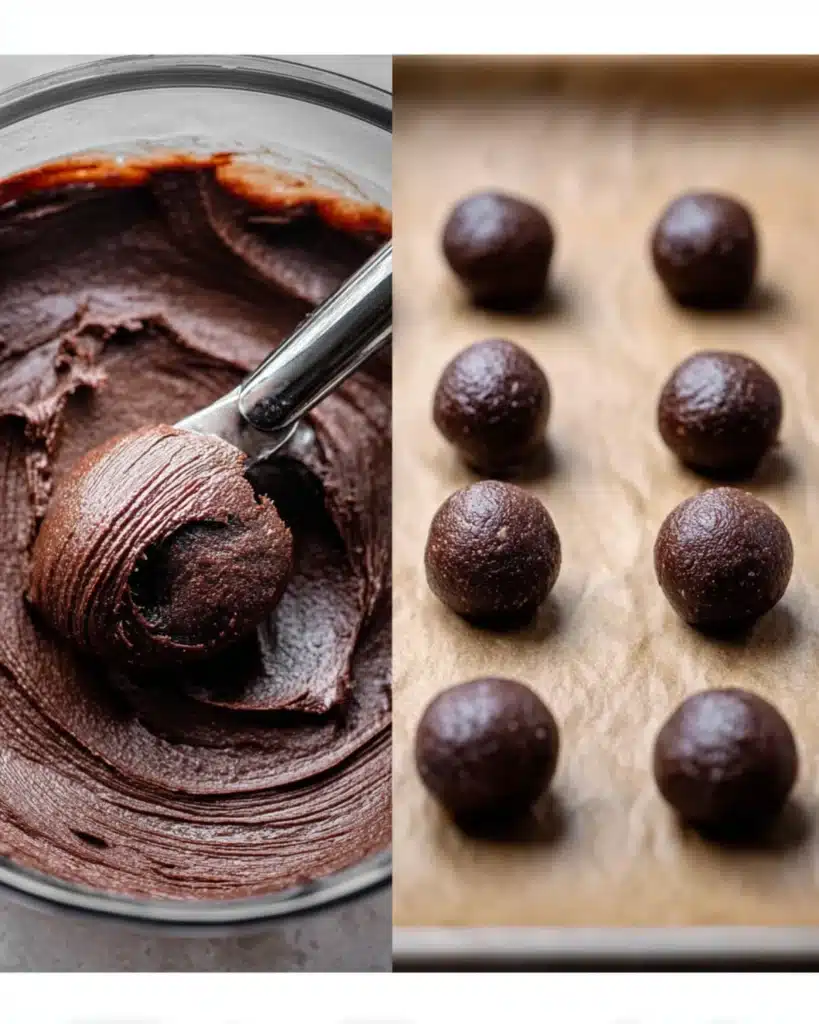 Thick chilled chocolate mixture being scooped for Easy Truffles and rolled chocolate truffle balls on parchment paper.