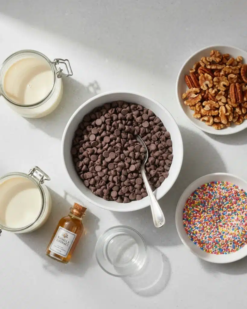 Ingredients for Easy Truffles including chocolate chips, condensed milk, vanilla extract, nuts, and sprinkles arranged on a counter.