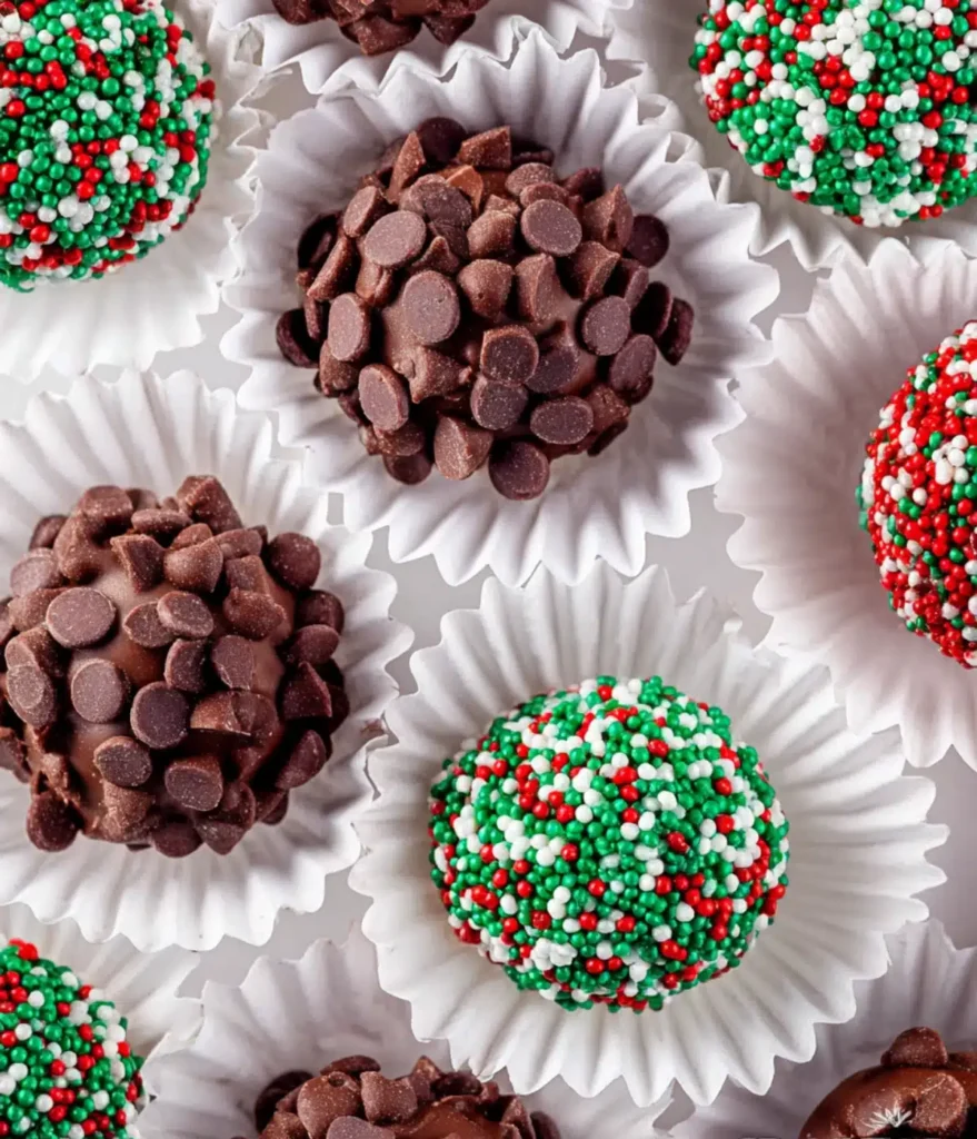 Easy Truffles coated in Christmas sprinkles and chocolate chips arranged in white paper cups.