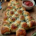 Golden baked Christmas tree pull apart bread topped with garlic herb butter and parmesan.