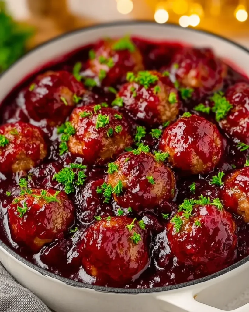 Festive cranberry meatballs in a white serving pot covered with cranberry glaze and fresh parsley for a holiday party.