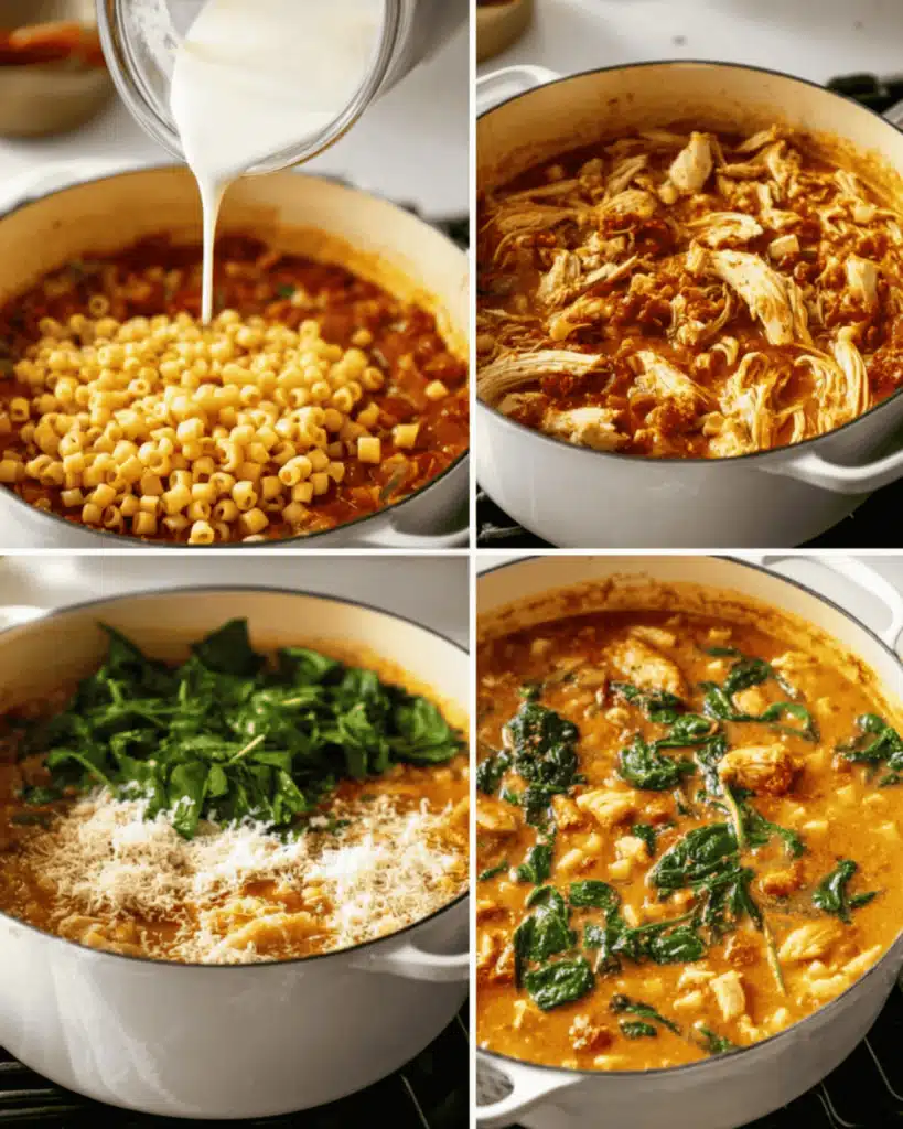 Cooking creamy Marry Me Chicken Soup with pasta, spinach, and cream in a white pot