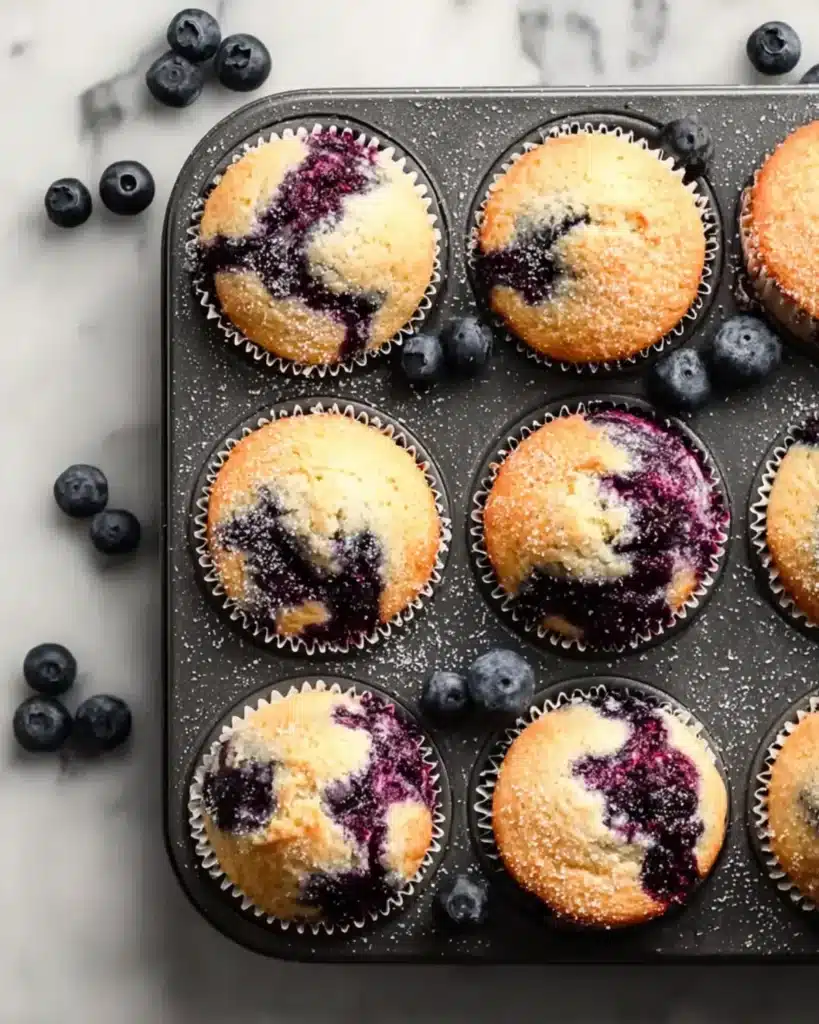 Blueberry protein muffins in muffin tin surrounded by fresh blueberries on marble.