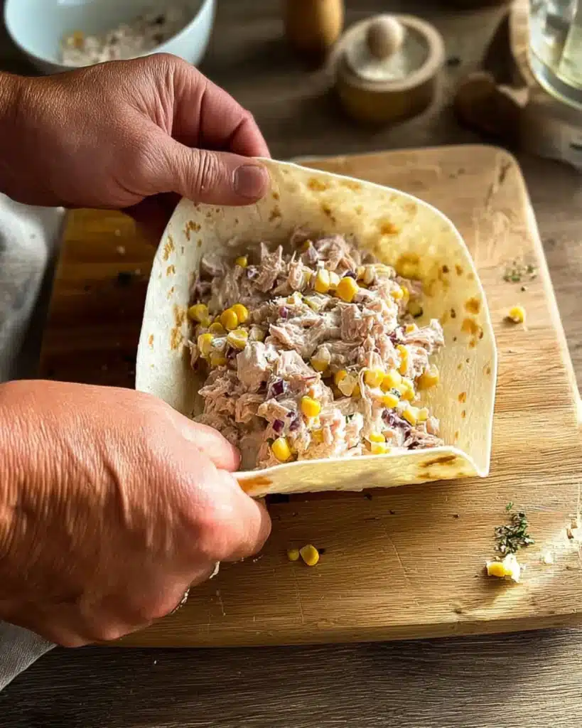 Hands folding a tortilla filled with tuna melt wrap mixture on a wooden cutting board.