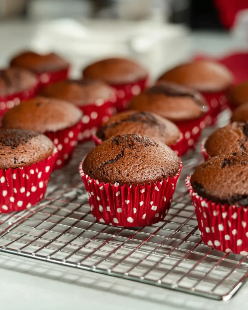 Freshly baked chocolate cupcakes in red polka-dot liners cooling on a metal rack.