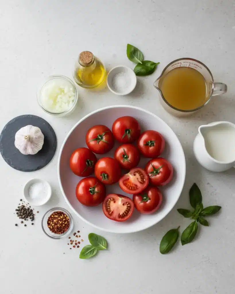 Fresh tomatoes, garlic, olive oil, broth, and cream ingredients for roasted garlic tomato soup