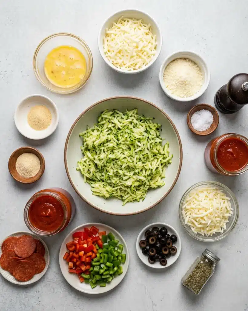 Ingredients for zucchini pizza casserole including grated zucchini, cheese, eggs, pepperoni, and tomato sauce
