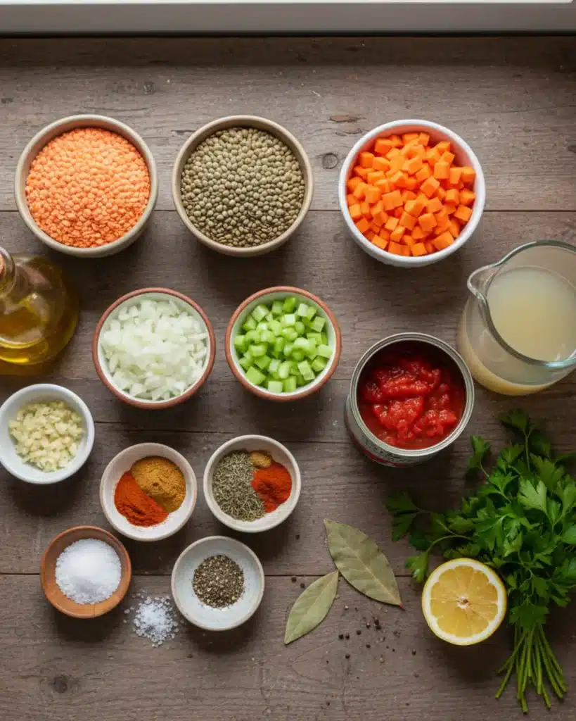 A flat lay of Lentil Soup ingredients including lentils, carrots, celery, onions, garlic, tomatoes, spices, broth, lemon, and parsley on a wooden surface.