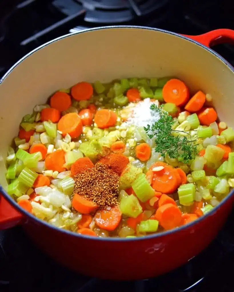 Chopped carrots, celery, onions, and spices in a red Dutch oven ready for sautéing