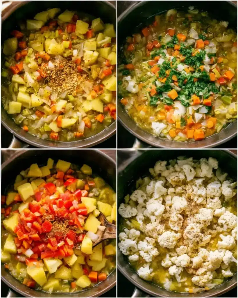 Colorful mix of cauliflower, carrots, potatoes, and celery cooking in a pot for creamy cauliflower soup