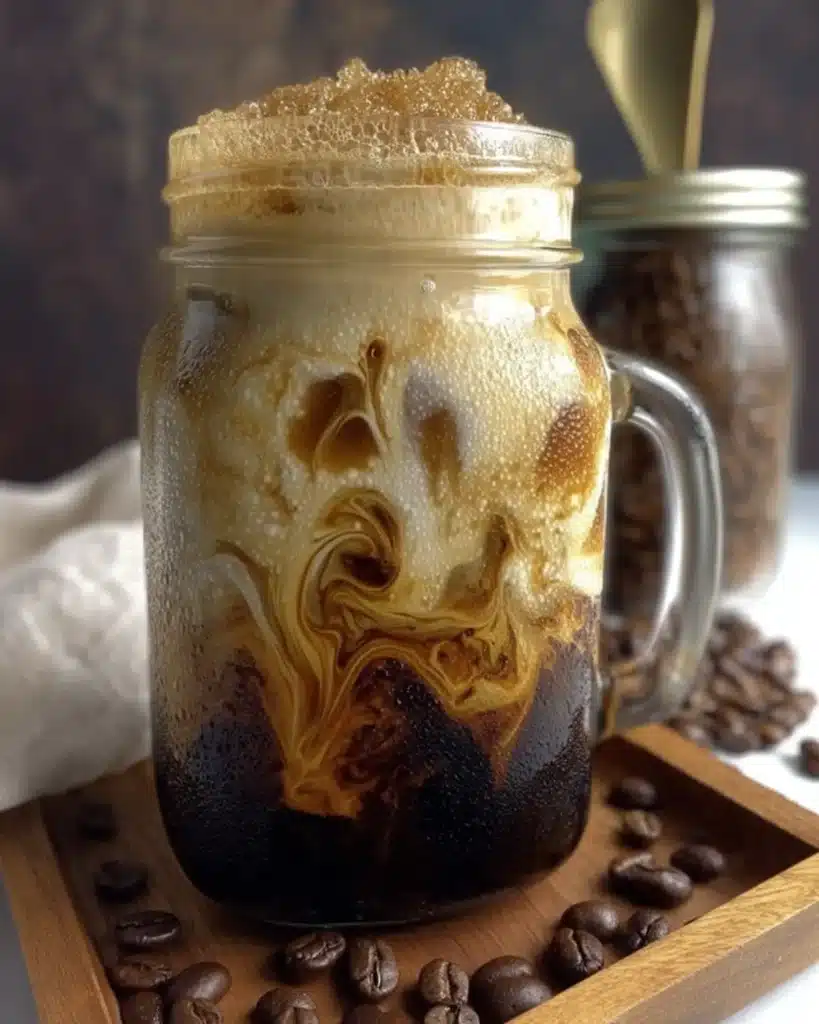 Iced Brown Sugar Oatmilk Shaken Espresso with thick foam and caramel swirls in a mason jar