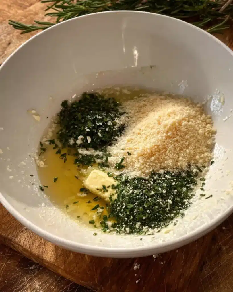 Garlic herb butter mixture with parmesan and fresh herbs in a white bowl for Christmas tree bread.
