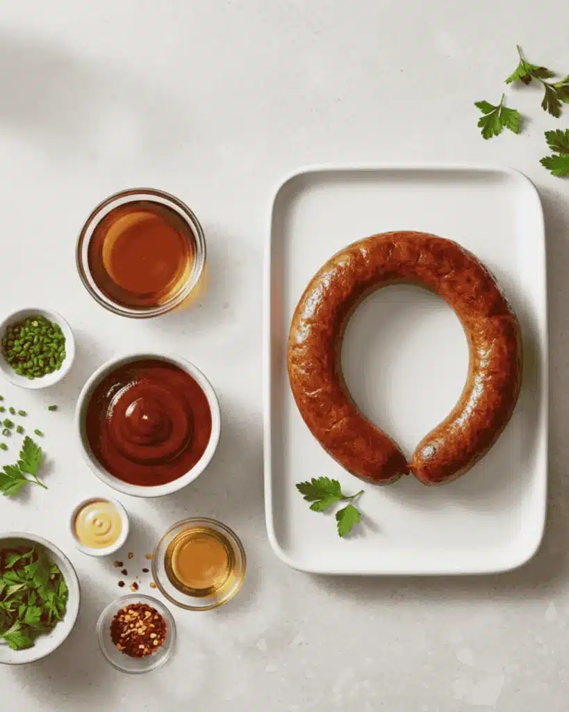 Smoked sausage on a white tray surrounded by fresh herbs, barbecue sauce, mustard, vinegar, honey, red pepper flakes, and seasonings for making glazed smoked sausage.