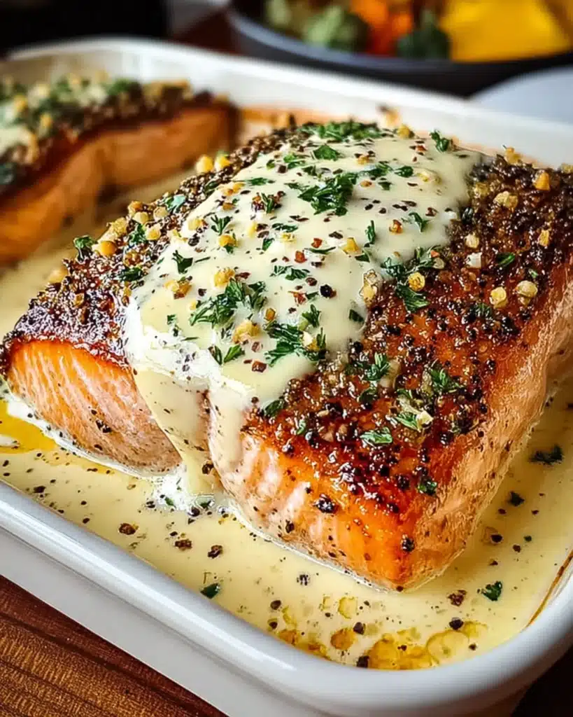 Close-up of golden Baked Boursin Salmon covered in creamy garlic Boursin sauce and fresh herbs.