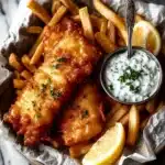 Crispy Battered Fish and Chips with tartar sauce and golden fries served on parchment paper