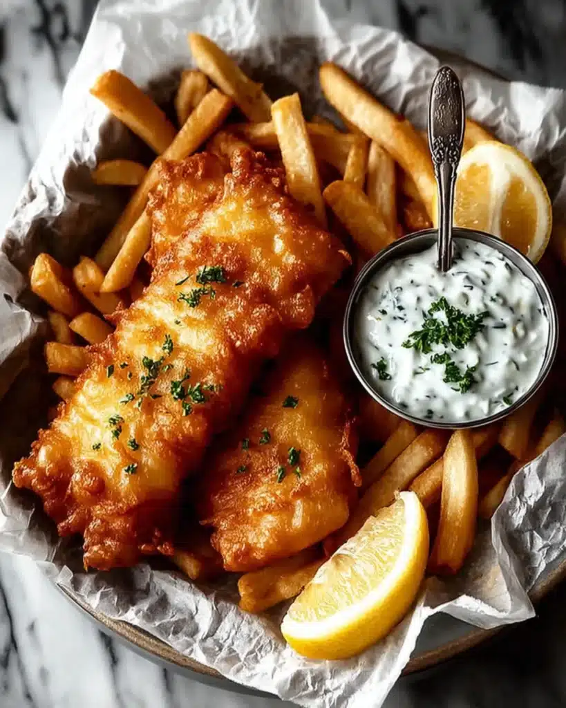 Crispy Battered Fish and Chips with tartar sauce and golden fries served on parchment paper