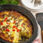 A fully cooked Easy Crockpot breakfast casserole in a slow cooker with golden edges and diced peppers on top.