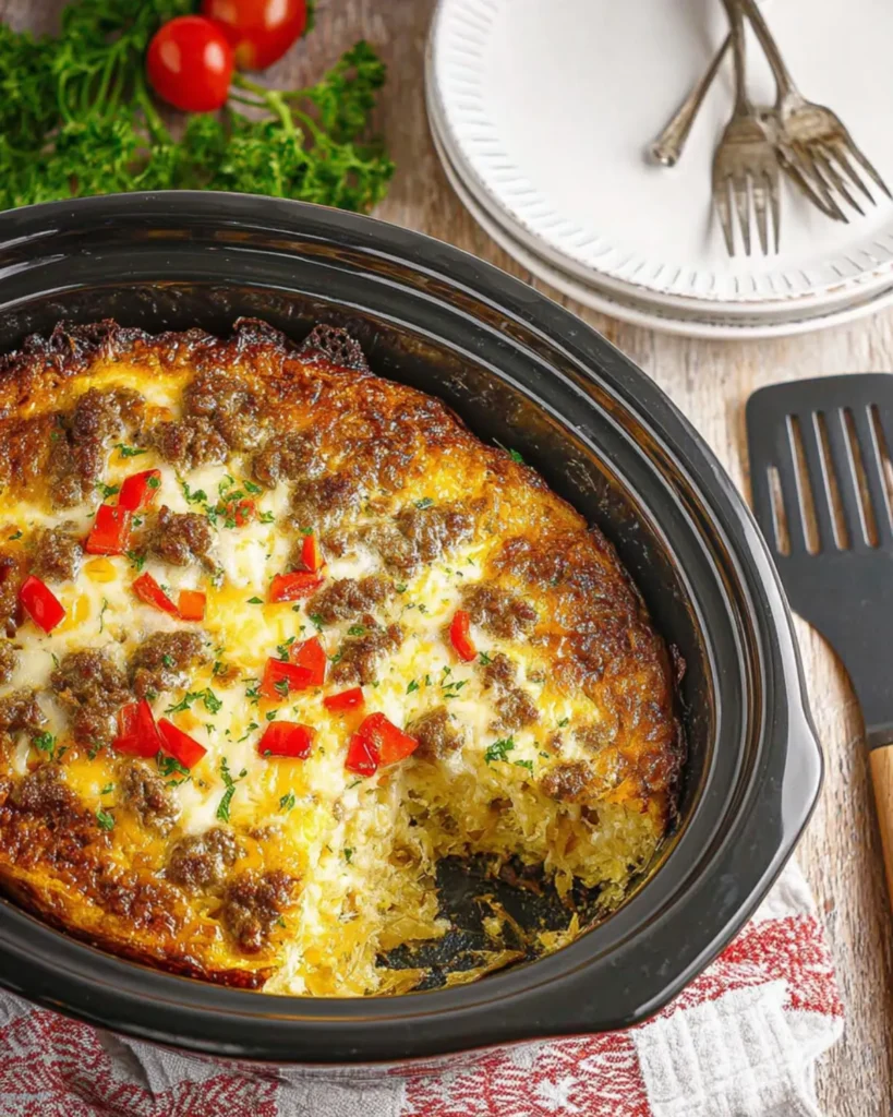A fully cooked Easy Crockpot breakfast casserole in a slow cooker with golden edges and diced peppers on top.