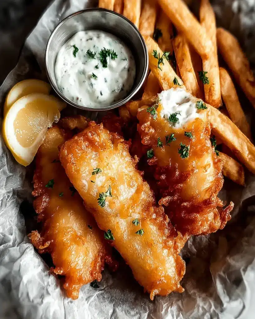 Battered fish fillets on fries with tartar sauce and lemon slices