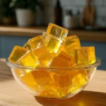 A clear glass bowl filled with bright yellow gelatin cubes on a wooden surface, perfect for the Gelatin Trick Recipe.