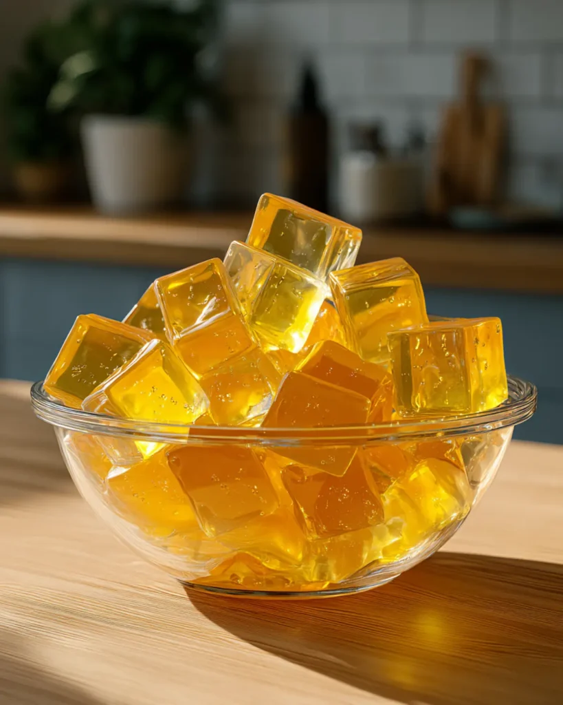 A clear glass bowl filled with bright yellow gelatin cubes on a wooden surface, perfect for the Gelatin Trick Recipe.