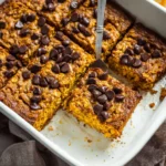 Golden pumpkin baked oatmeal with melted chocolate chips in a white baking dish