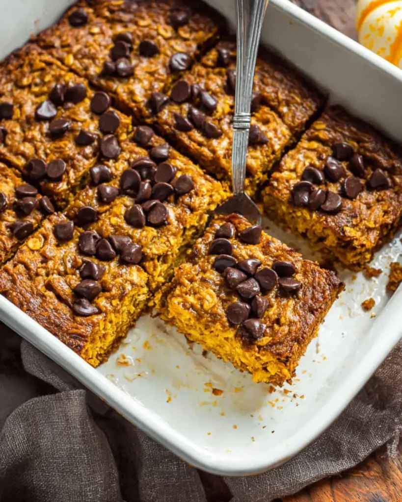 Golden pumpkin baked oatmeal with melted chocolate chips in a white baking dish
