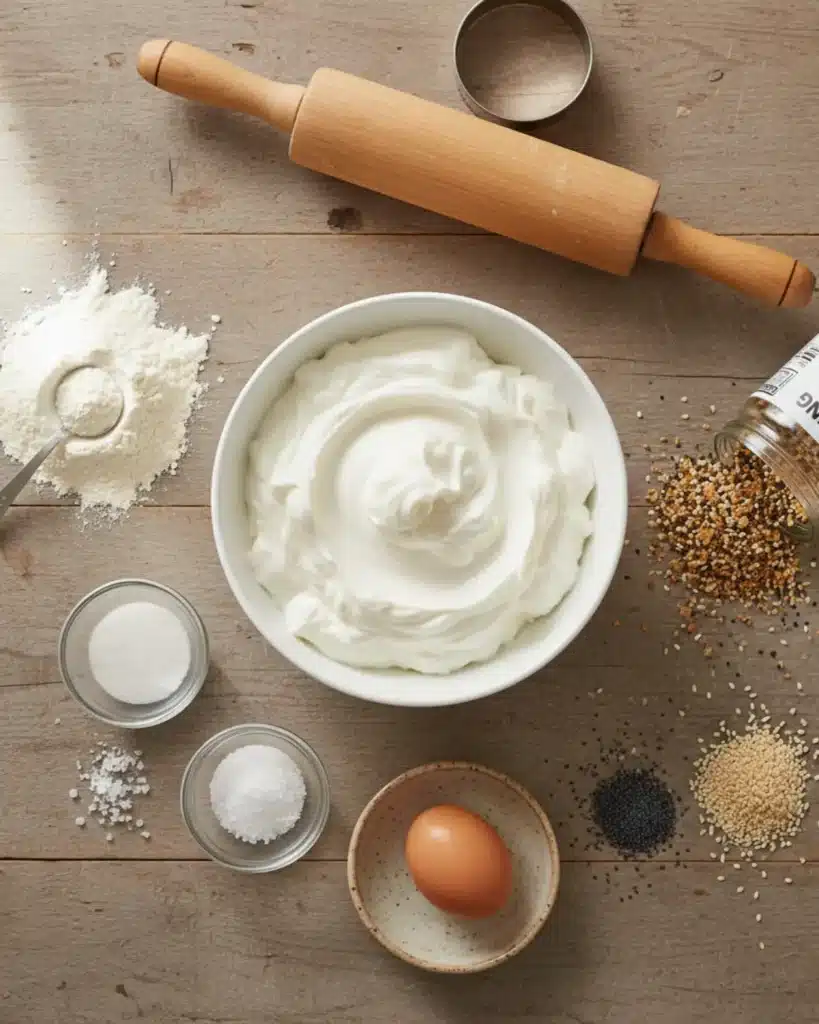 Flat lay of Greek yogurt bagel ingredients including Greek yogurt, flour, egg, baking powder, and seeds.