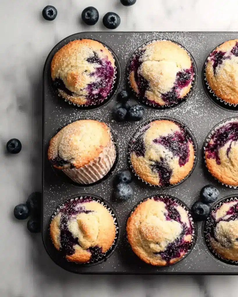 Blueberry protein muffins sprinkled with powdered sugar in a metal muffin tray.