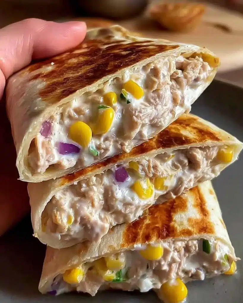 Close-up of grilled tuna melt wrap with creamy tuna, corn, and onions stacked on a plate.