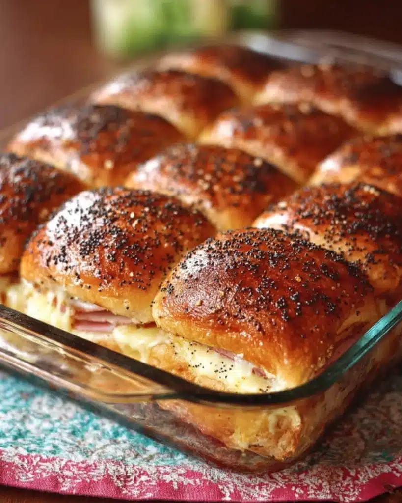 Freshly baked Ham and Havarti Cheese Sliders topped with buttery poppy seed glaze in a glass baking dish.