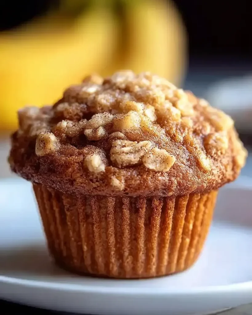 Close-up of a freshly baked Healthy Banana Oatmeal Muffin topped with oats on a white plate.