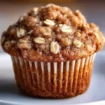 Healthy Banana Oatmeal Muffin with oat topping on a white plate in natural light.