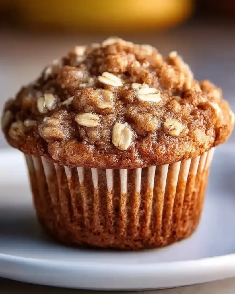 Healthy Banana Oatmeal Muffin with oat topping on a white plate in natural light.