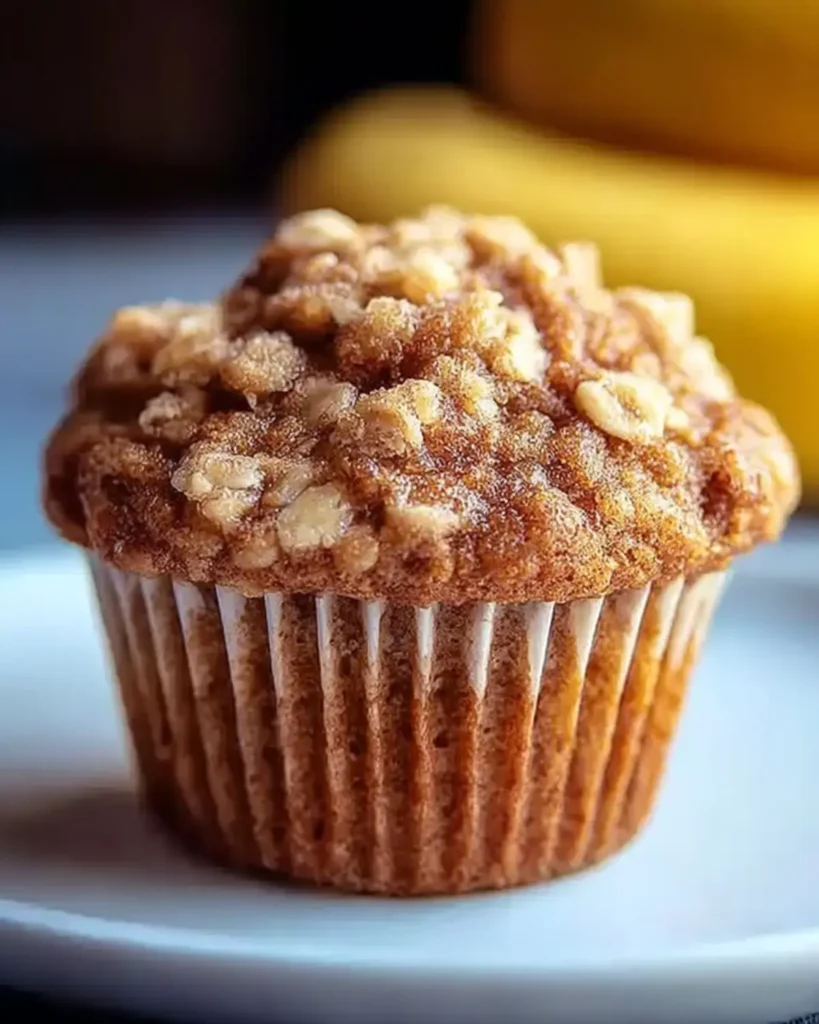Healthy Banana Oatmeal Muffin on a white plate with bananas in the background.