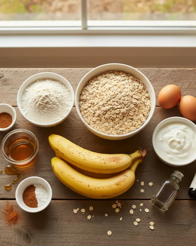 Ingredients for Healthy Banana Oatmeal Muffins including bananas, oats, yogurt, eggs, and honey on a wooden table.