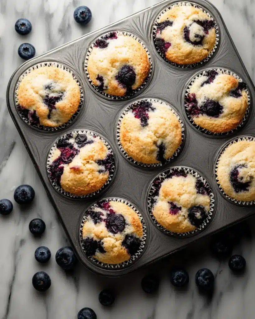 Golden blueberry protein muffins baked in a dark muffin tin on marble background.