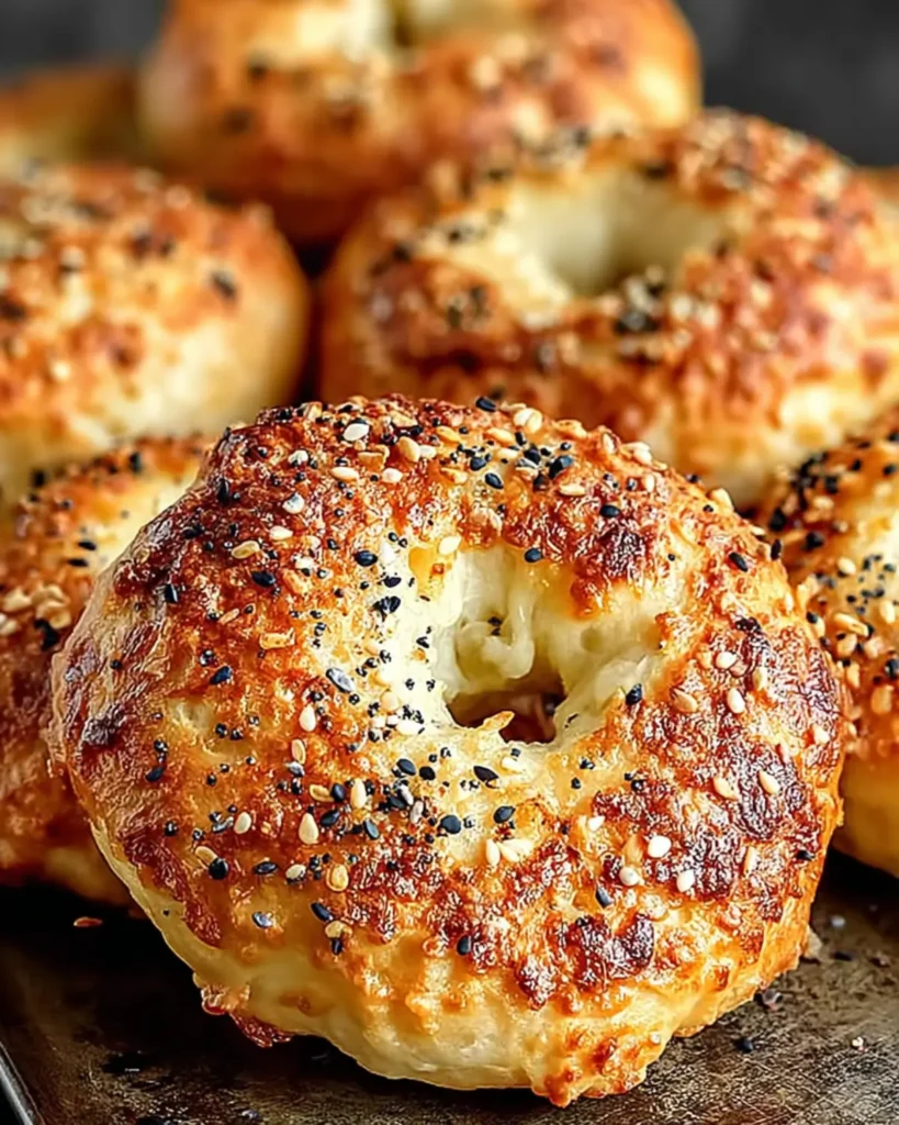 Stack of healthy Greek yogurt bagels with sesame and poppy seeds on a rustic baking sheet.