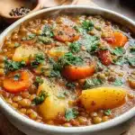 A steaming bowl of hearty Lentil Soup with tender carrots, potatoes, and herbs in a white bowl, served on a wooden board.