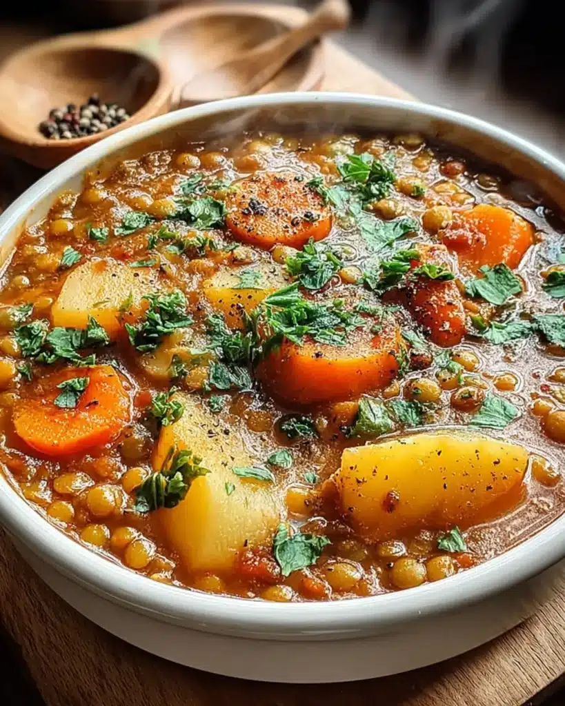 A steaming bowl of hearty Lentil Soup with tender carrots, potatoes, and herbs in a white bowl, served on a wooden board.
