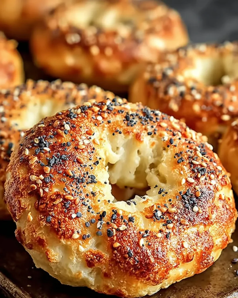 High-protein Greek yogurt bagels with golden brown crust and seeded toppings.