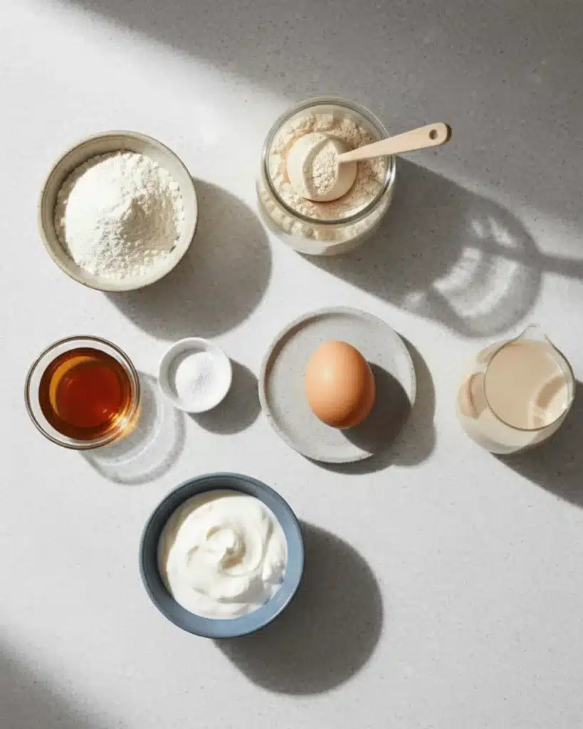 Flour, sugar, yogurt, vanilla, an egg, and milk arranged on a sunlit countertop for making a simple homemade cake batter.