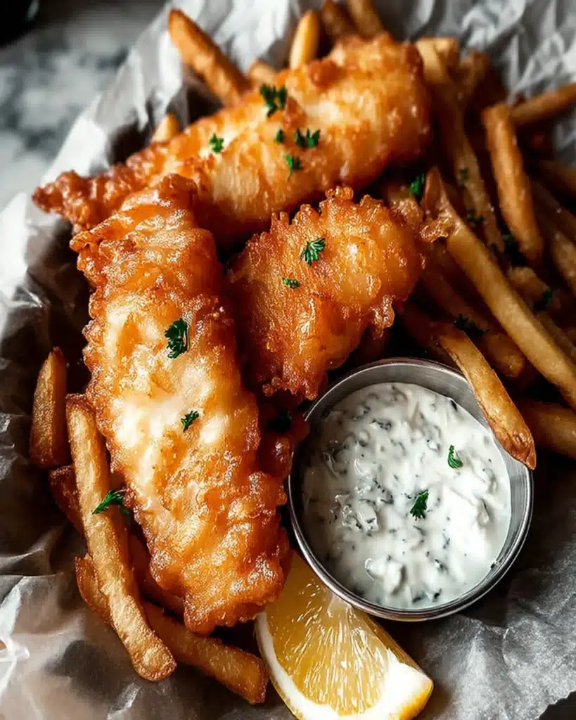 Overhead shot of crunchy battered fish fillets with fries, lemon wedges, and tartar sauce