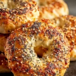 Close-up of golden homemade Greek yogurt bagels on a dark tray with crisp crusts and seeds.