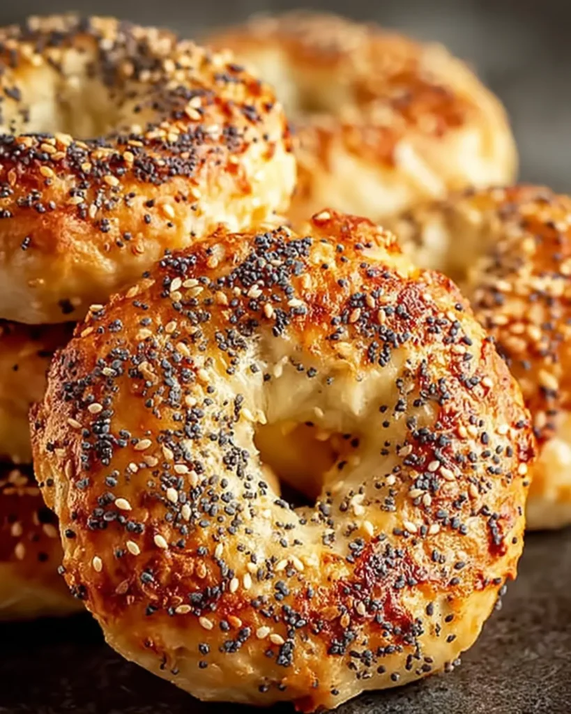 Close-up of golden homemade Greek yogurt bagels on a dark tray with crisp crusts and seeds.
